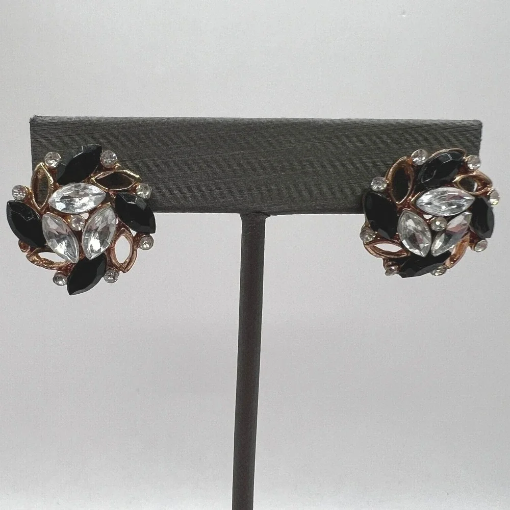 Vintage Rhinestone Pierced Earrings Black‎ Blue Clear Stones Copper Tone