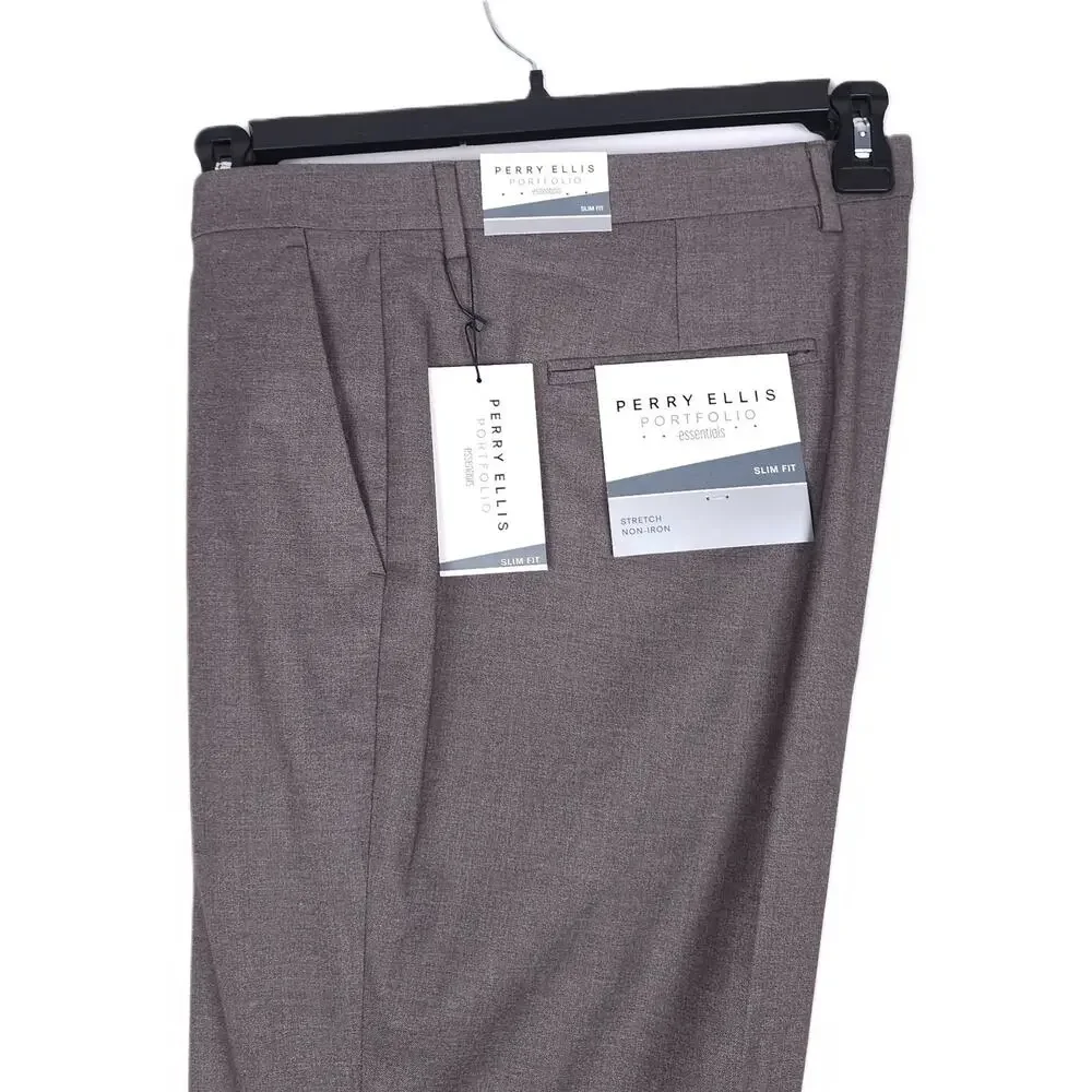 Perry Ellis Mens Slim Fit Dress Pants 38x30 Major Brown Solid Stretch Twill NWT