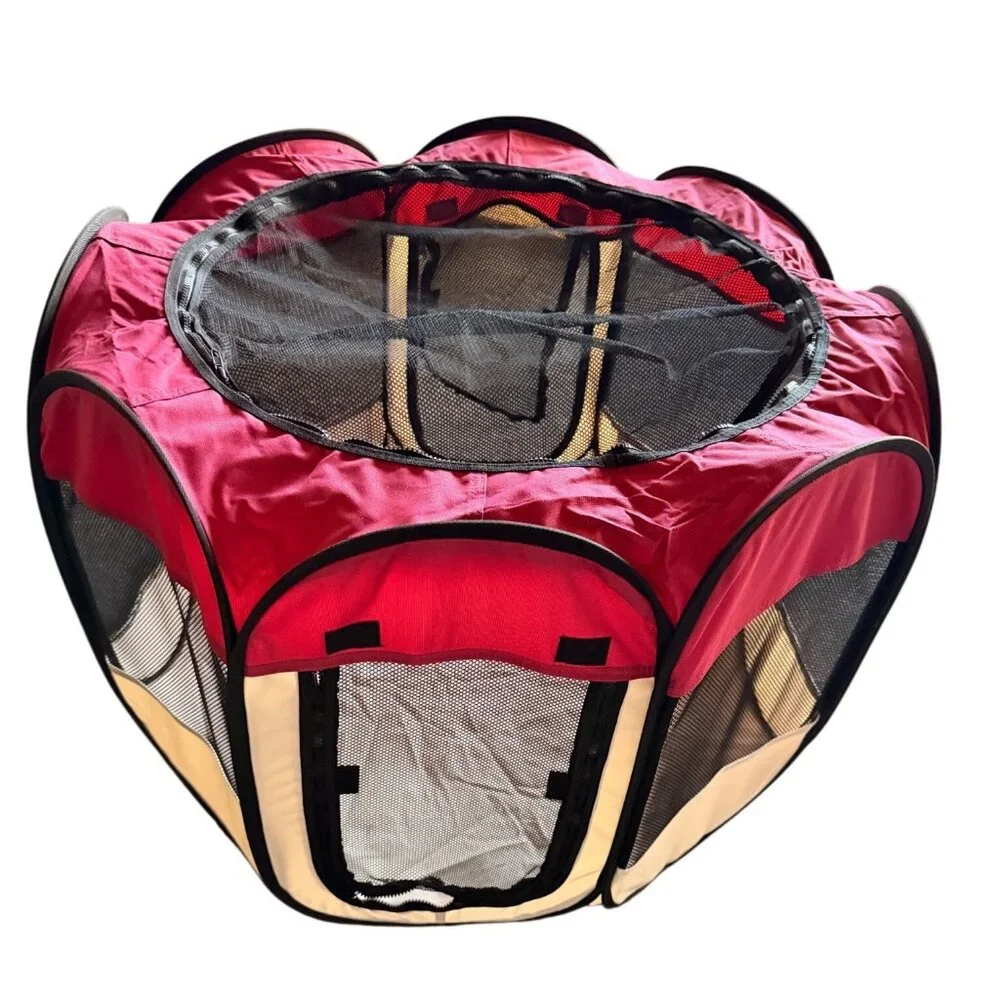 Portable Red & Beige Mesh Dog Playpen/pet playpen With Carrying Case - Doggie Do