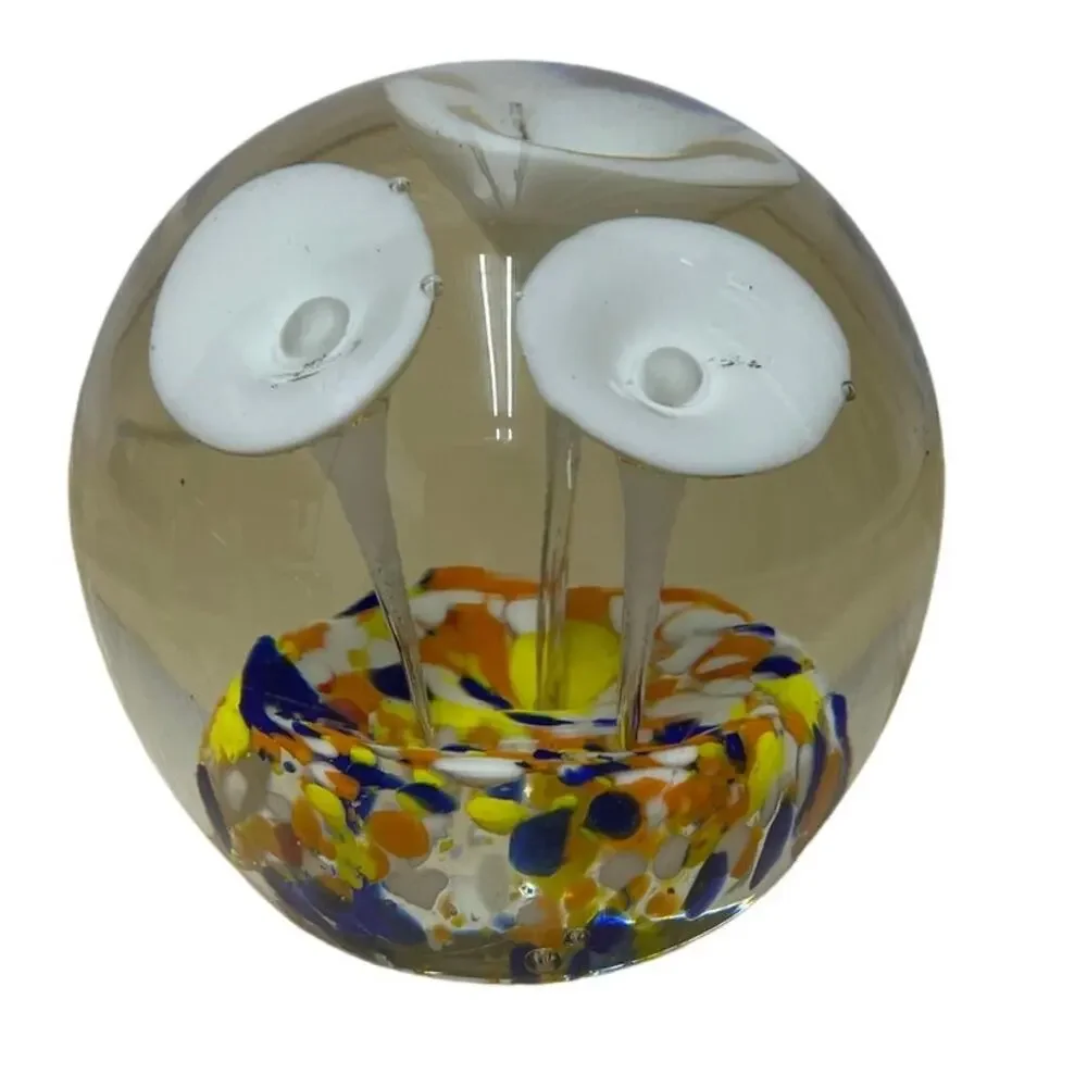 Art Glass Paper Weight White Mushrooms in Colorful Rock Bed Good Condition