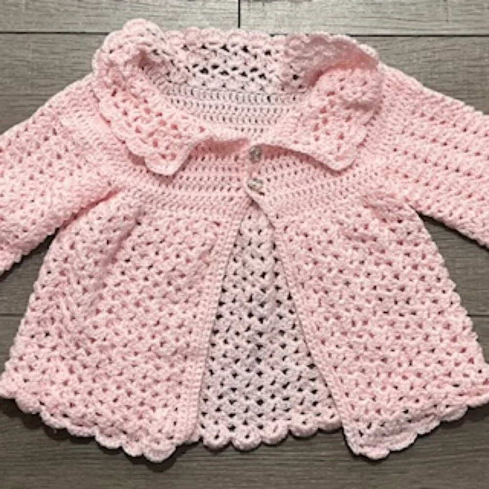 Hand Made Pink Crocheted Little Girls‎ Cardigan Sweater Jacket Size 2T