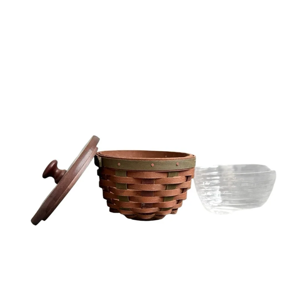 Longaberger Vintage Warm Brown Green Splint Small Bowl Basket Lid & Protector