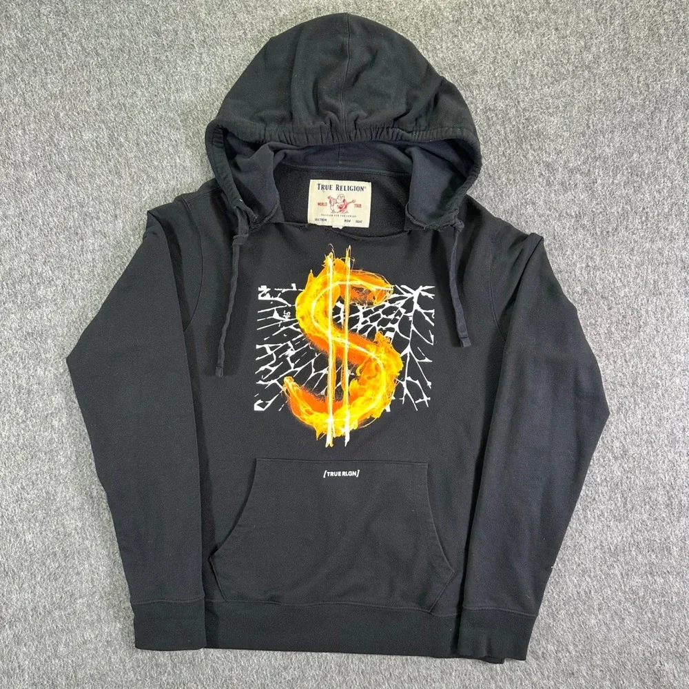 True Religion Hoodie Men's Large Black Flaming Dollar Sign Graphic Pullover