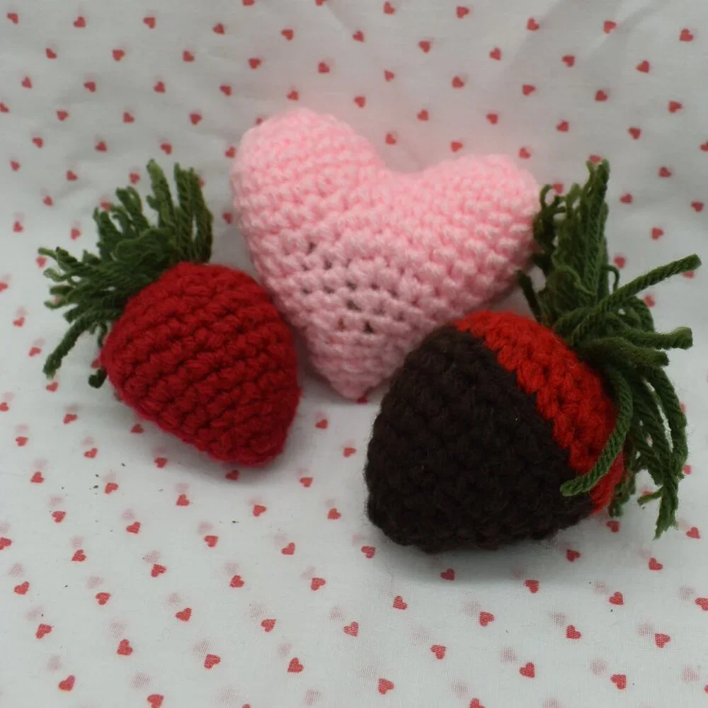 Crochet Catnip Valentines Day Cat Toys Heart and Strawberries Bundle