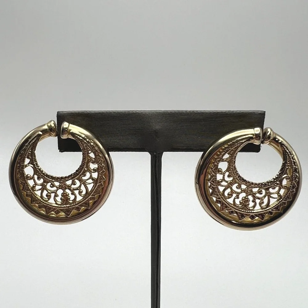 Vintage Pierced‎ Earrings Gold Tone Filigree Open Metalwork Large Statement