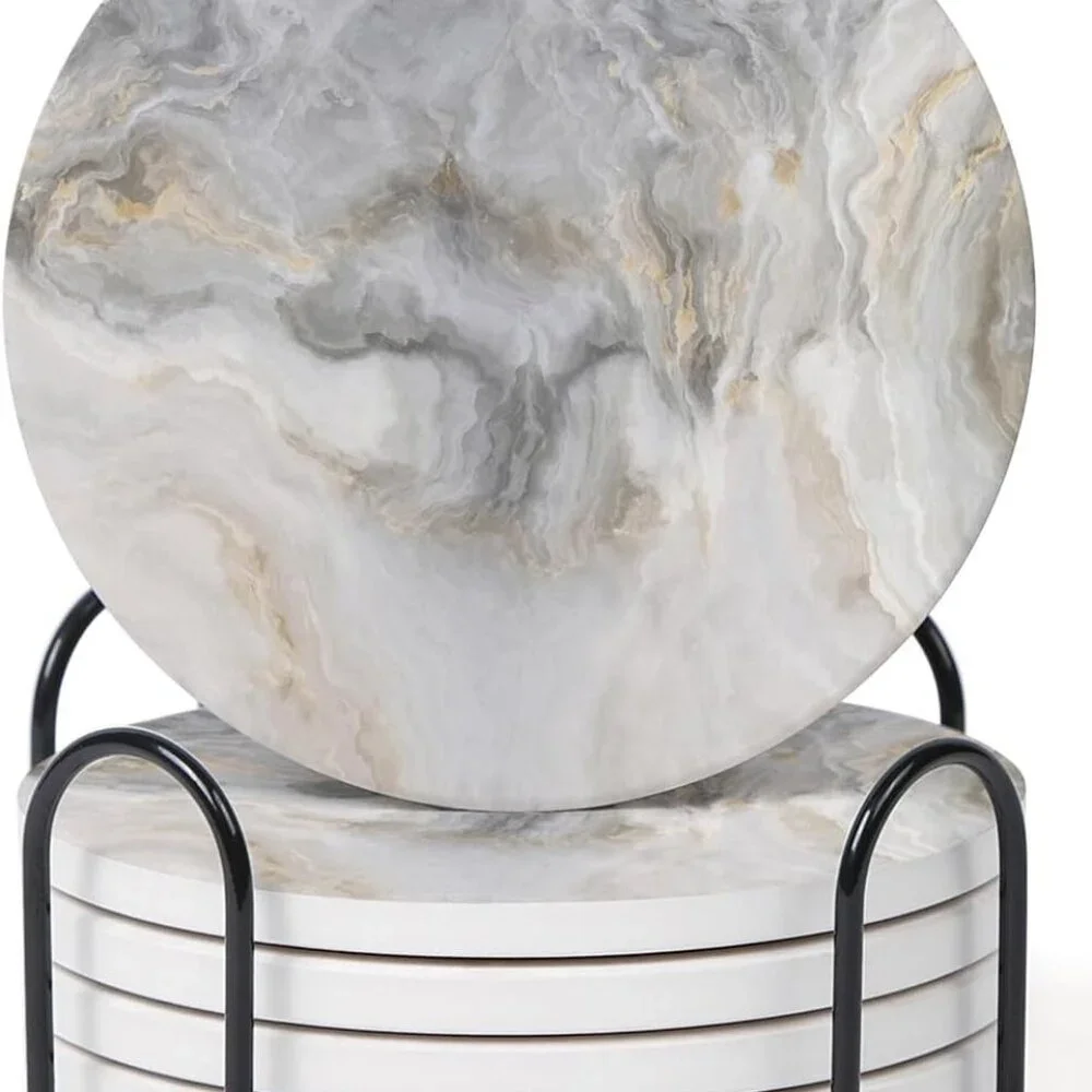 Set of 6 Abstract Gray White Marble Coasters with Holder, Absorbent Ceramic Coas