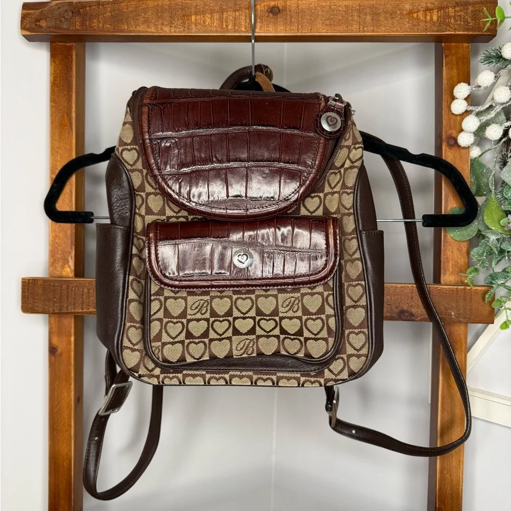 Brighton Heart Print Mini Backpack Brown Leather Trim Croc Flap Bag