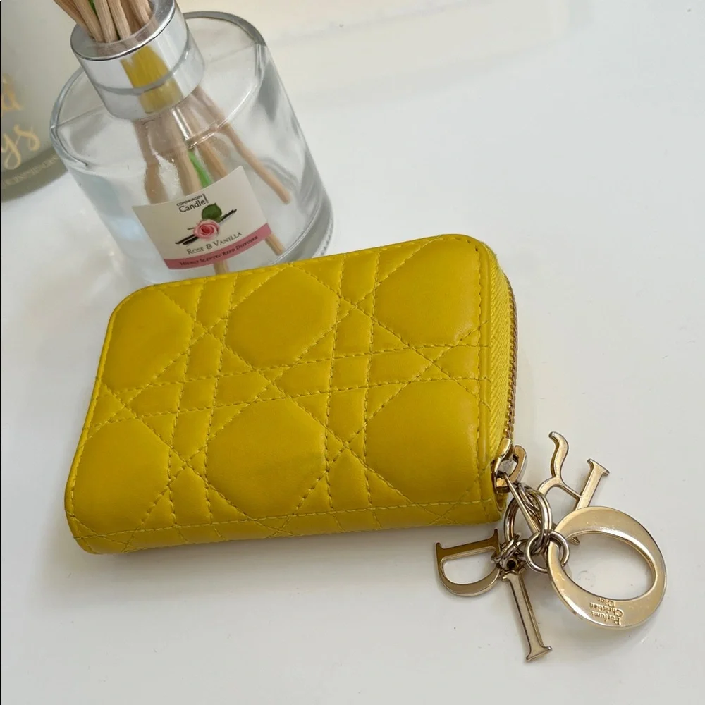 Authentic Dior Cannage Quilted Credit Card Zipper Leather Wallet with Charms