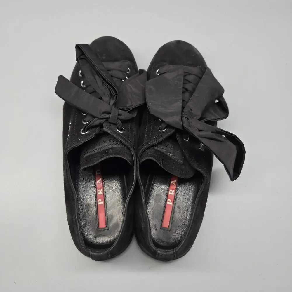 Prada Women's 6.5 Black Camoscio Suede Sneakers W/ Ribbon Laces Limited Edition