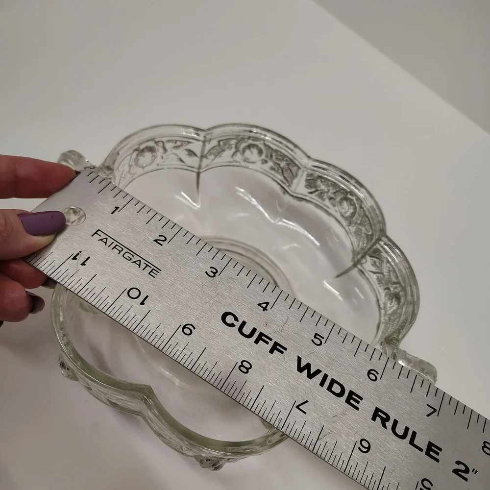Jeannette Aztec Rose Glass Dish 6in Two Handle Clear Relish Bowl Vintage