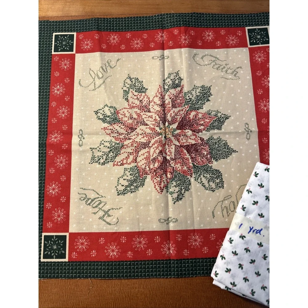 Vtg 4 Panels CHRISTMAS Cheater Cross Stitch Faye Liverman Burgos Fabric + 2 Yrds