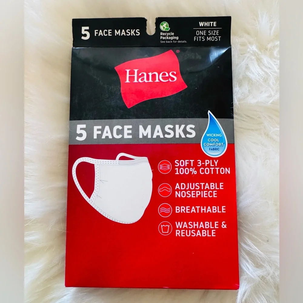 8 Hanes Breathable White Cotton Masks Adult Large and One Size Fits Most