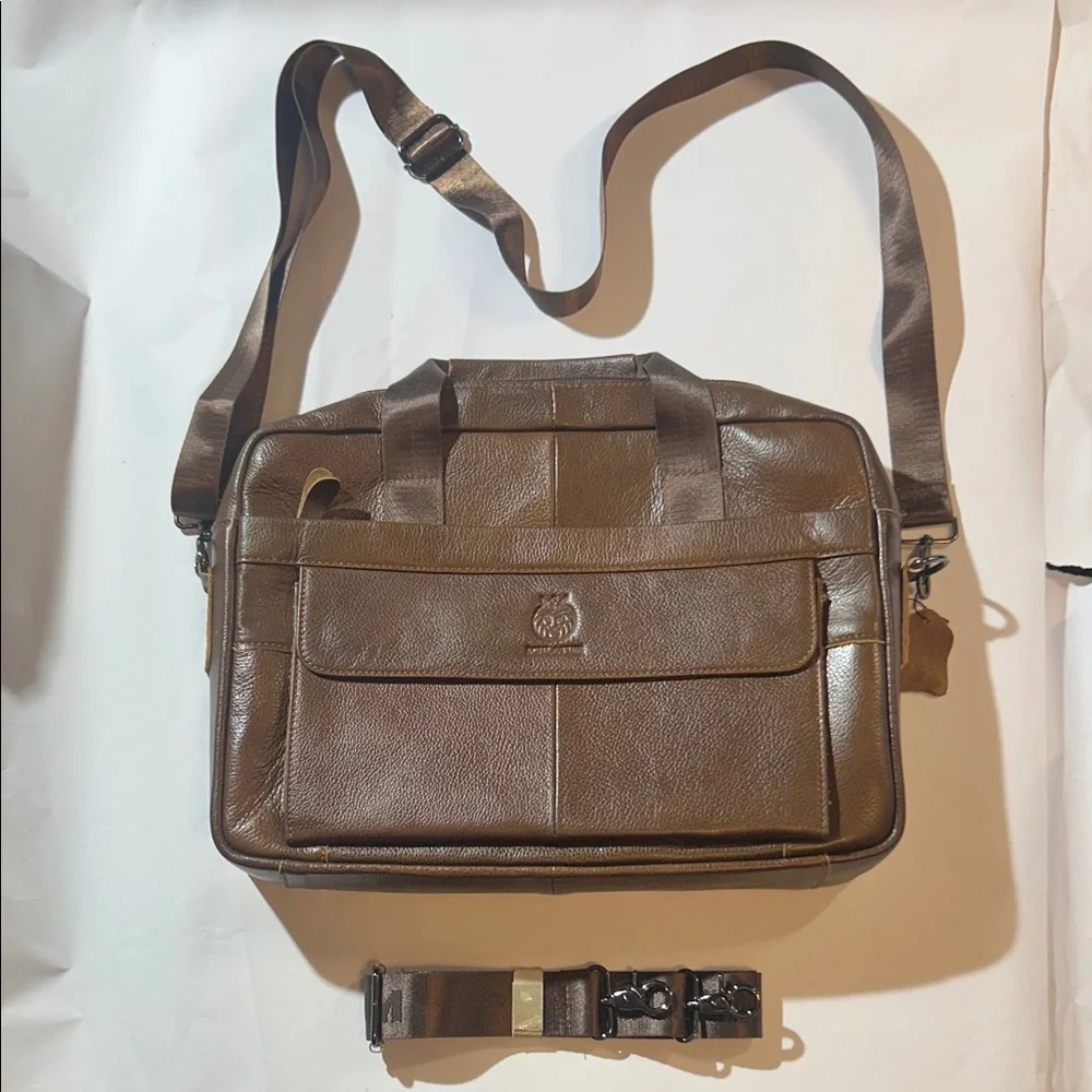 Schlatum Brown Leather Laptop Bag w/ Extra Shoulder Strap