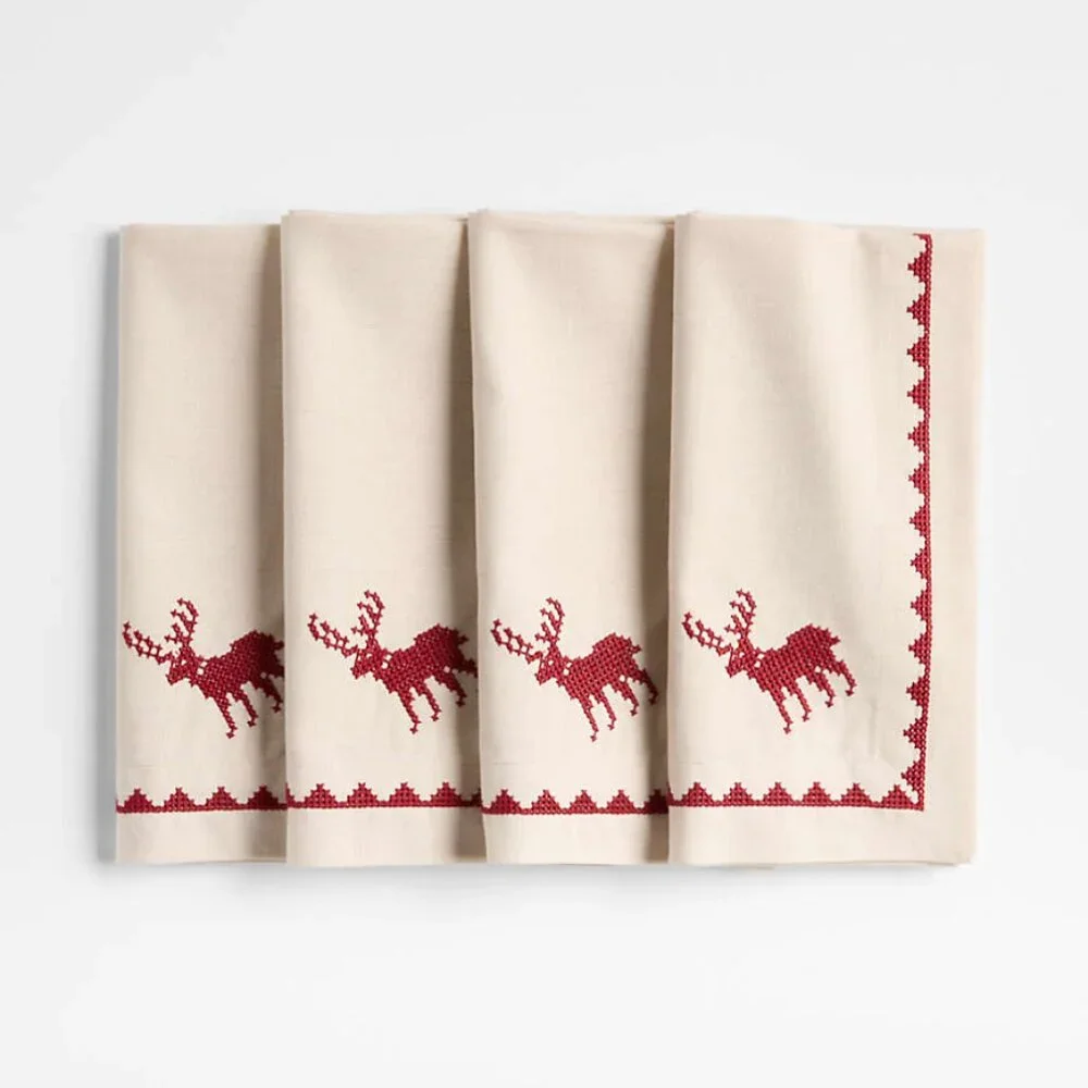 Crate & Barrel Red Cross Stitch Holiday Reindeer Dinner Napkins, Set of 4