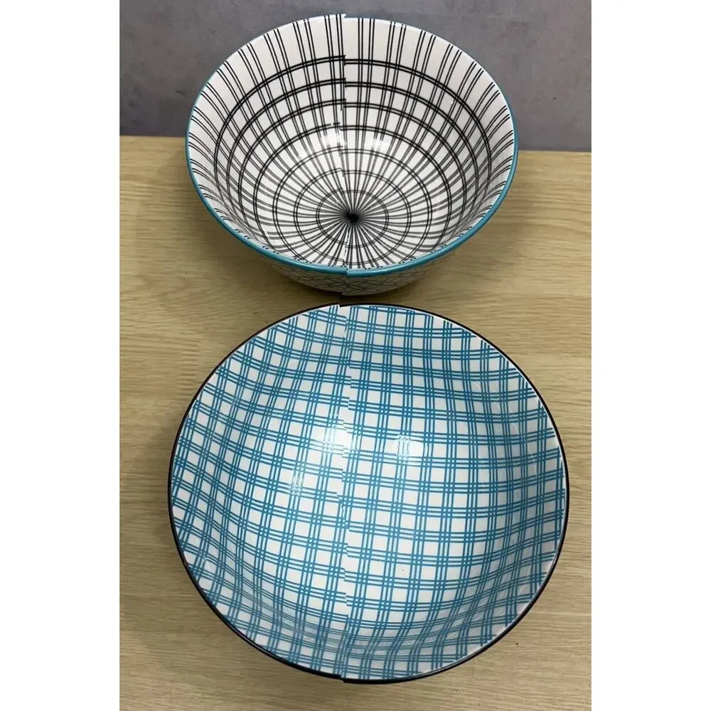 Dover & York Turquoise Lot of 2 Black Blue White Soup Cereal Bowl 6” Boho