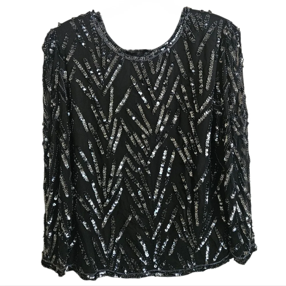 Vintage Oleg Cassini Black Silk Beaded & Sequined Evening Blouse Size L