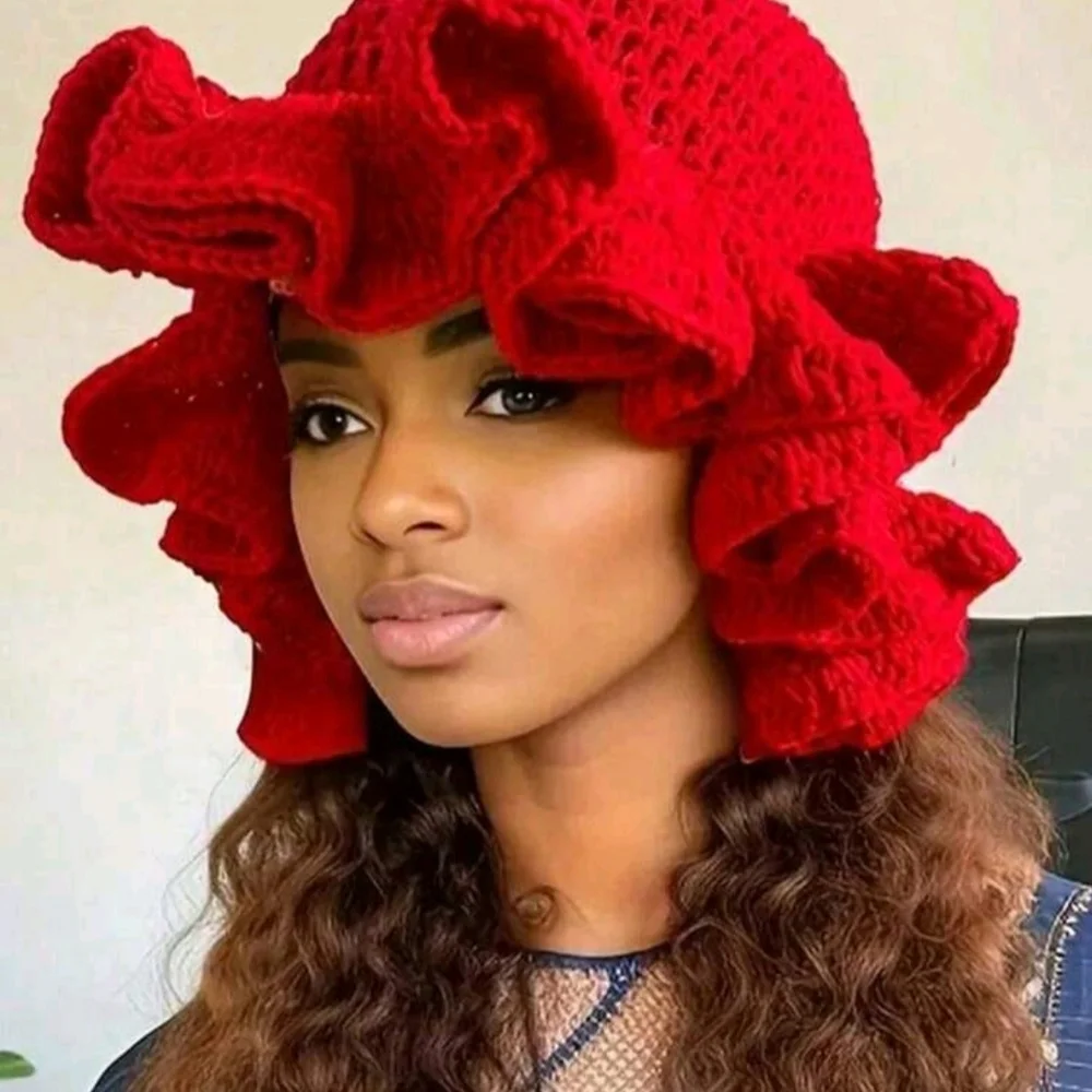 Red and Black Crochet Hat Set For Sale