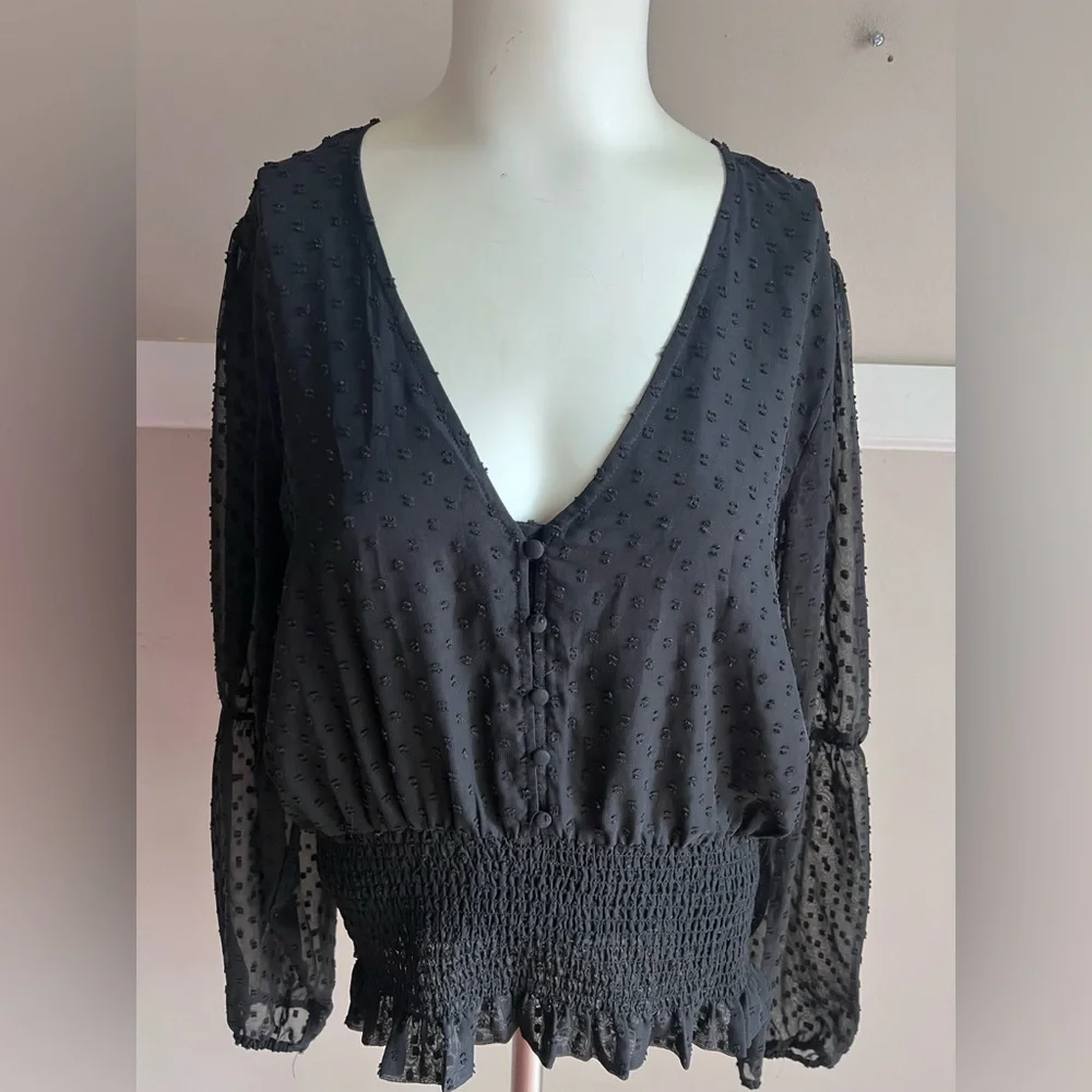 Ya Los Angeles Black Sheer Blouse with Textured Dots