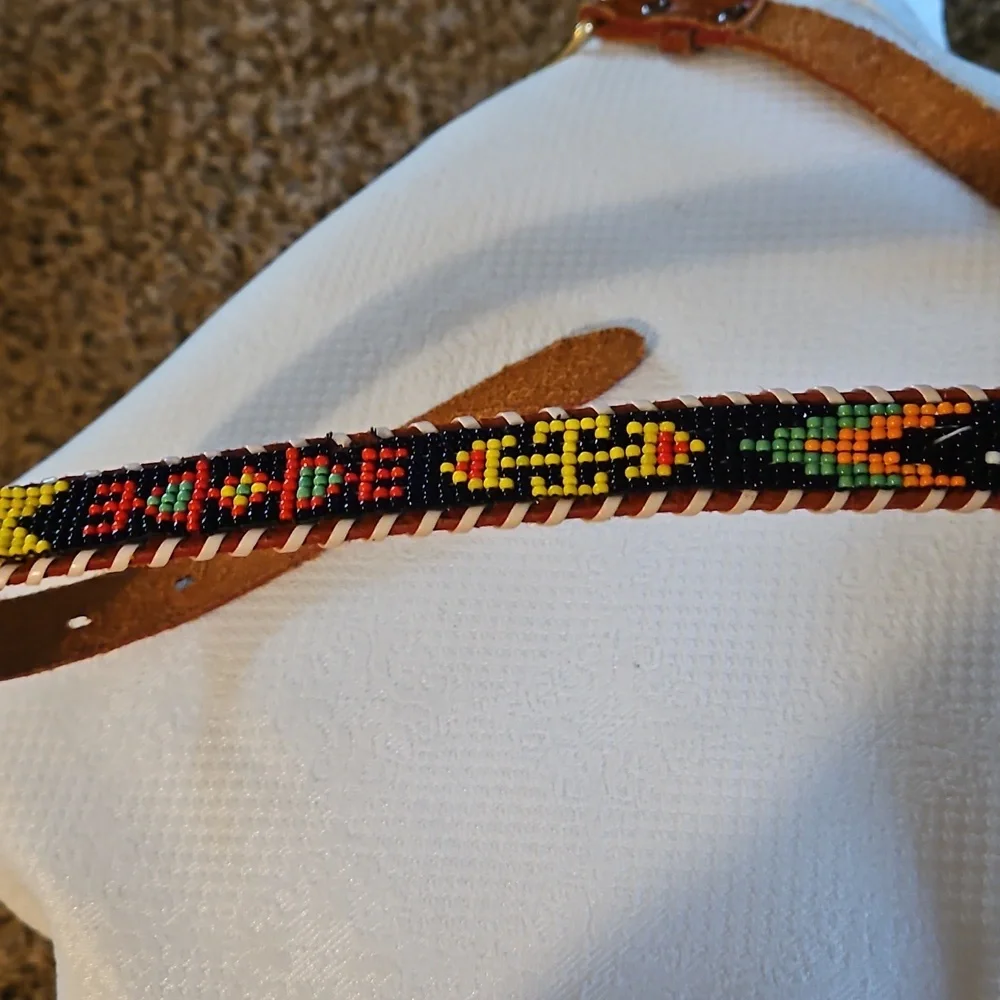 70 Vintage Kids Beaded Indian Leather Belt with Multicolor Design Sz 33