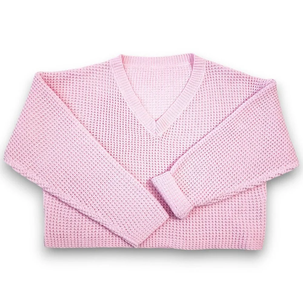 Waffle Knit Sweater- SMALL-Womens- Pink- Cropped Pullover Long Sleeve NWOT