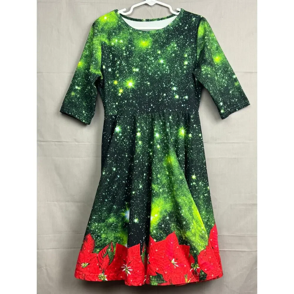 Girls Holiday Christmas Dress – Galaxy Star Print with Poinsettias, Size S