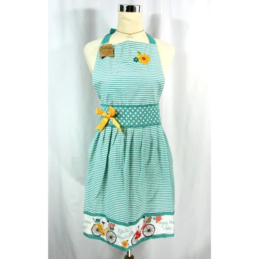 NEW Kay Dee Designs Floral Embroidered Bicycle Stripe Dot Kitchen Bib Full Apron