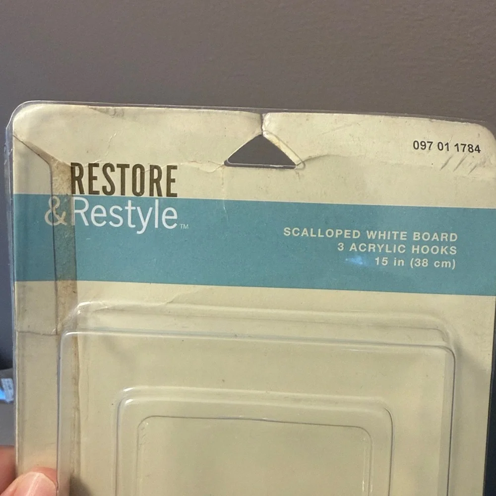 Coat/Hat Rack-scalloped whiteboard w/3 acrylic glass look knobs Restore& Restyle