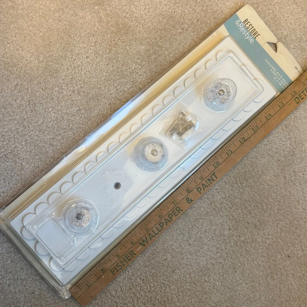 Coat/Hat Rack-scalloped whiteboard w/3 acrylic glass look knobs Restore& Restyle