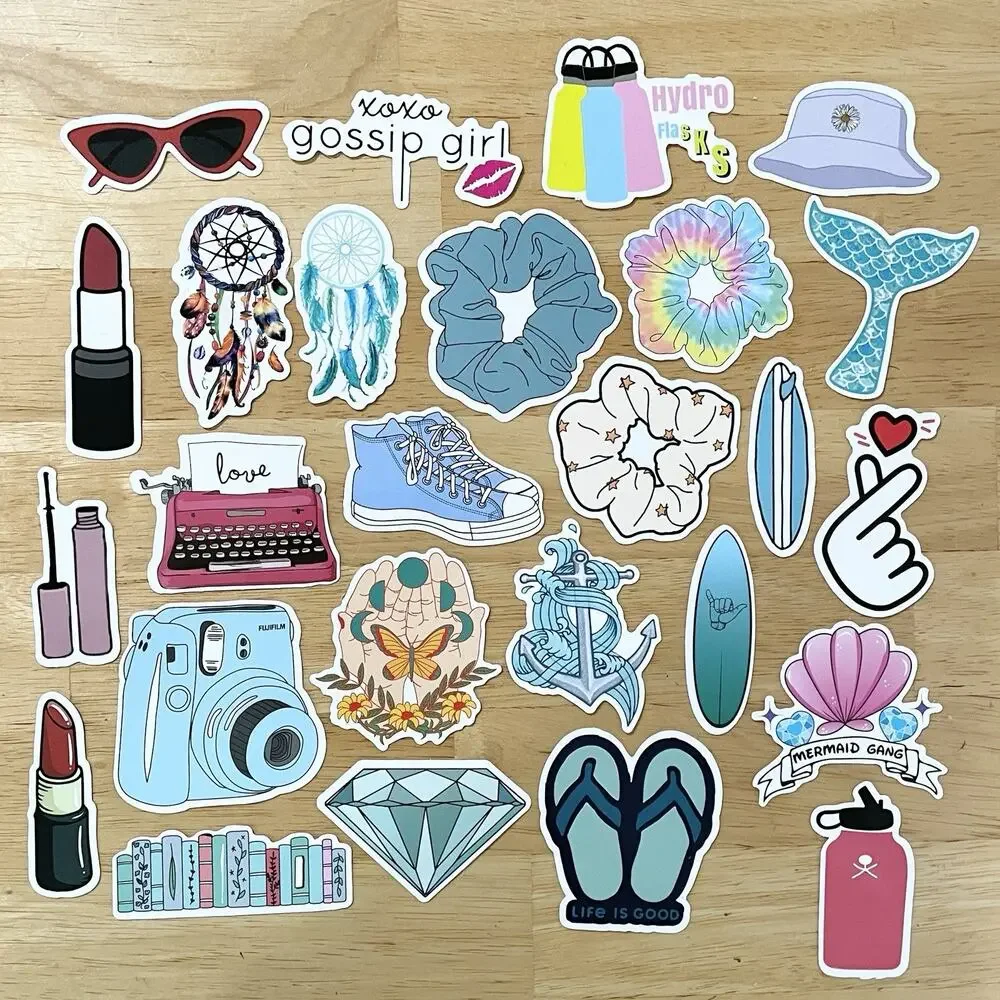 Assorted VSCO Girl Stickers Lot Of Approx 45 Scrunchies Feminine Girly Food