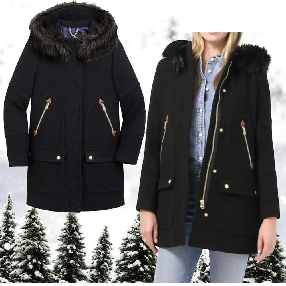 J Crew Chateau Parka In Italian Jacket Coat Womens 18 Black Hooded Stadium Cloth