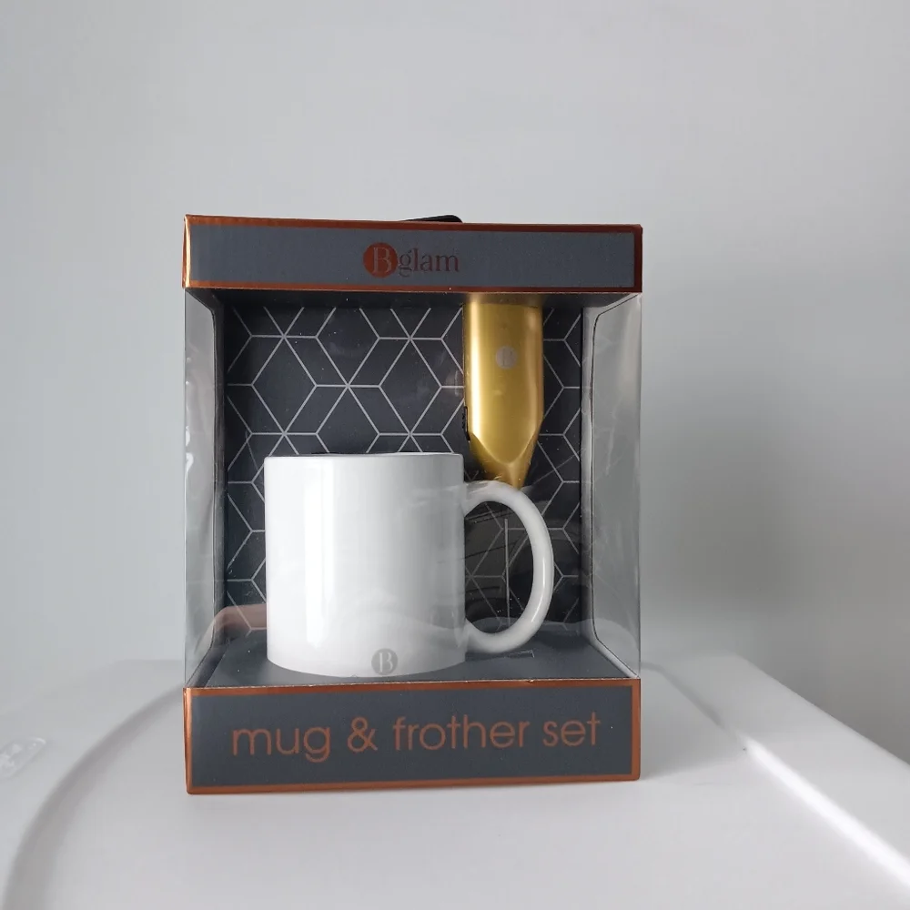 B Glam Ceramic Coffee Mug and Frother Boxed Gift Set Kitchen Home White Gold