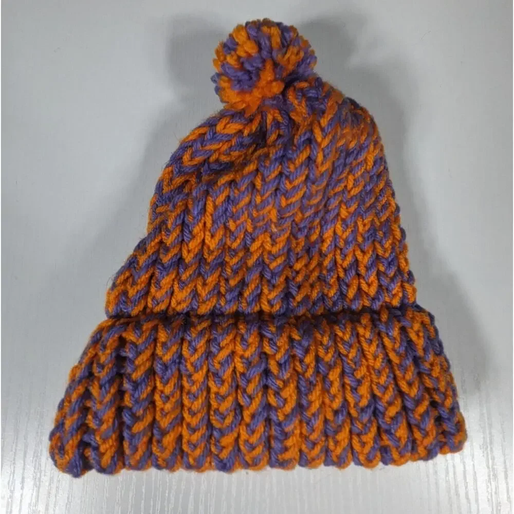 Crochet Hat Youth Size Homade Orange Purple Pom Beanie