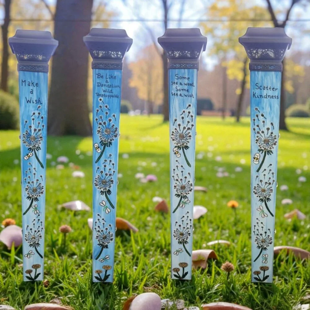 Dandelion Garden Peace Pole Hand Painted w/ Solar Light Cap