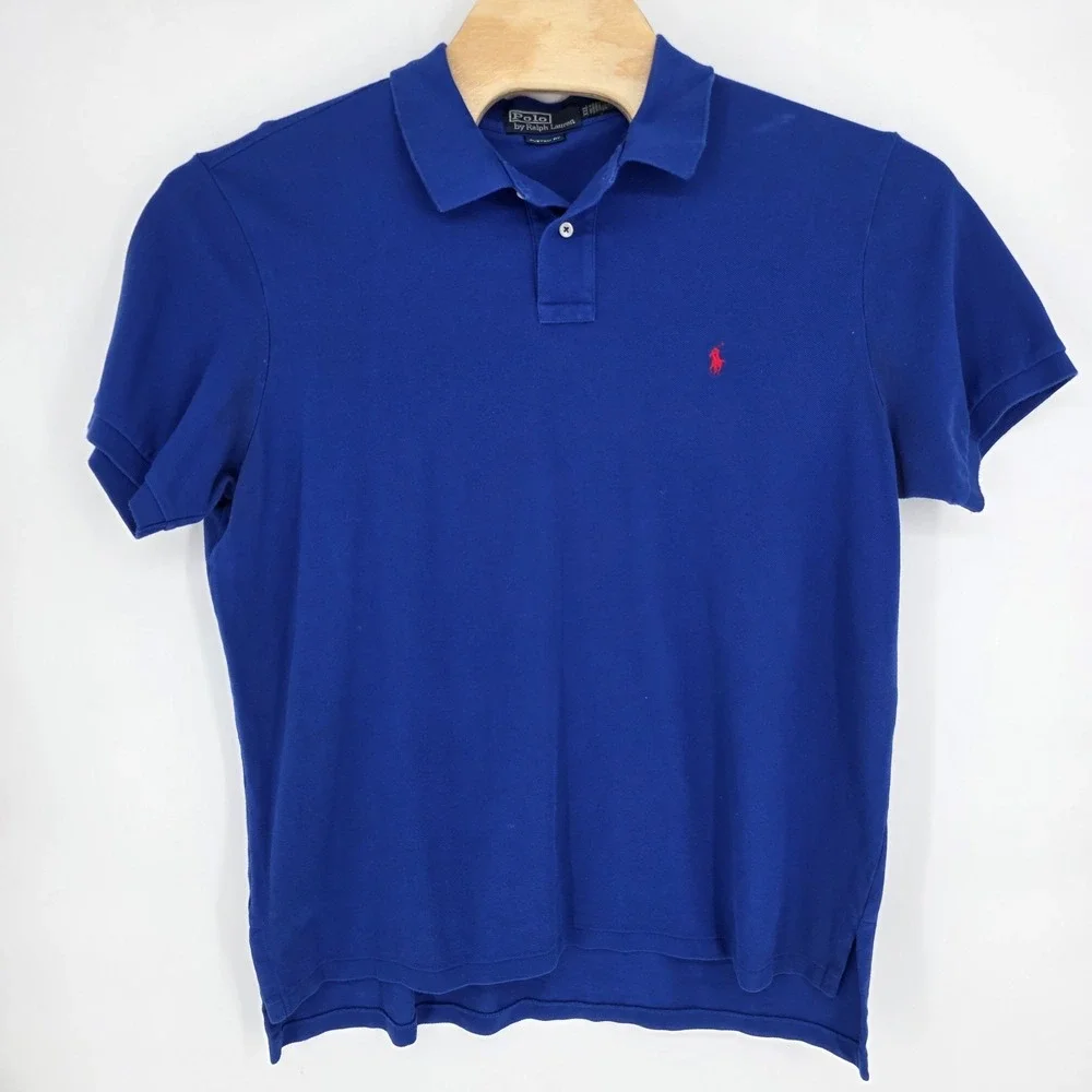 Polo Ralph Lauren Polo Shirt Mens 2XL Blue Custom Fit Red Pony Logo Preppy VTG