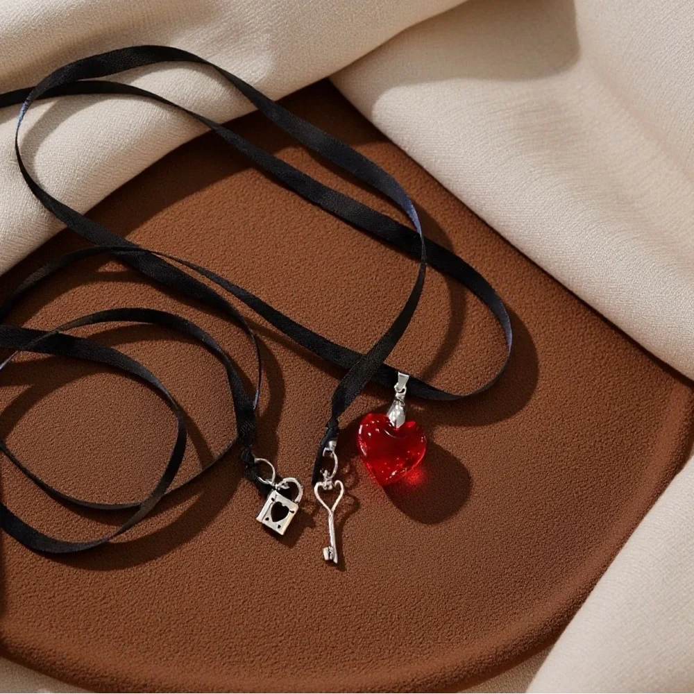 Glass Red Heart Pendant Necklace with Key and Lock Charm on Double Sided Satin
