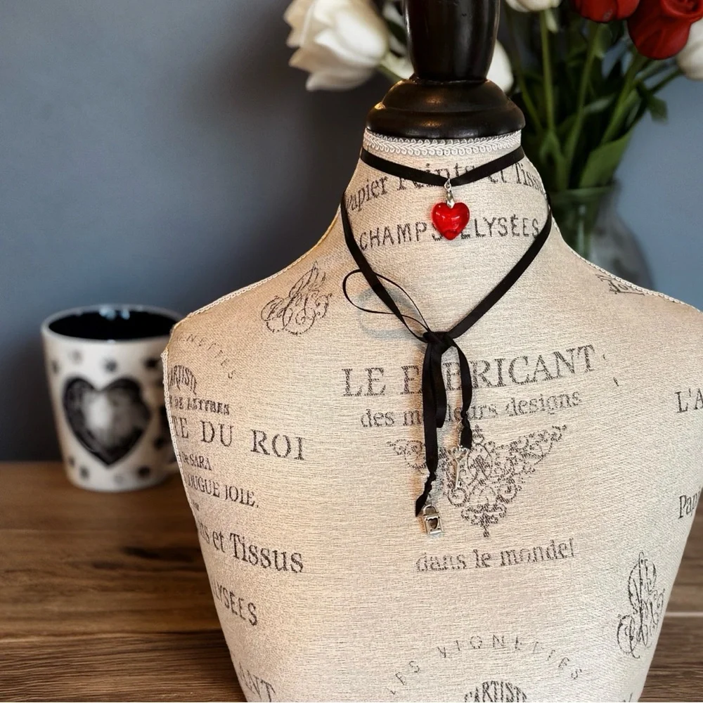Glass Red Heart Pendant Necklace with Key and Lock Charm on Double Sided Satin