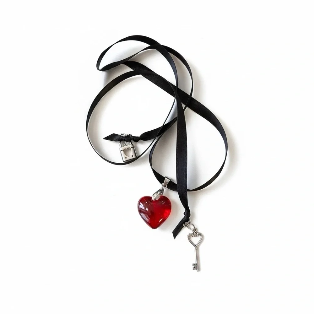 Glass Red Heart Pendant Necklace with Key and Lock Charm on Double Sided Satin