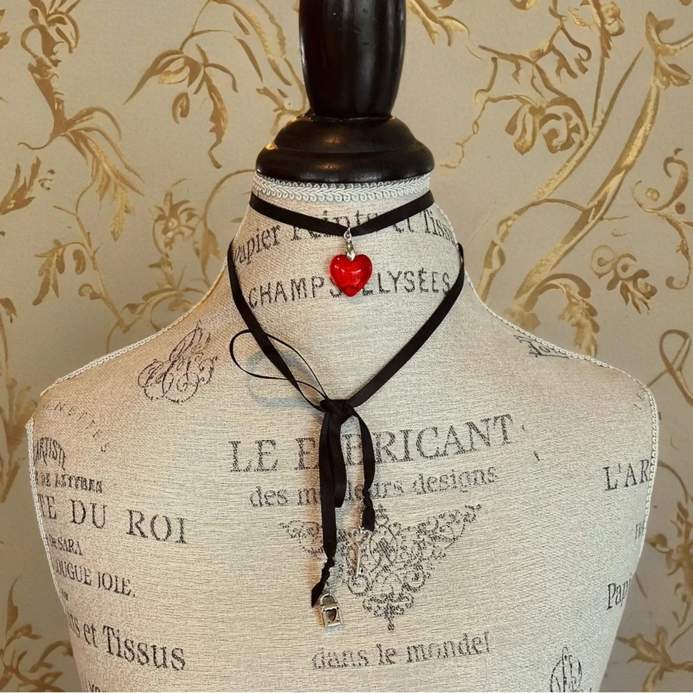 Glass Red Heart Pendant Necklace with Key and Lock Charm on Double Sided Satin