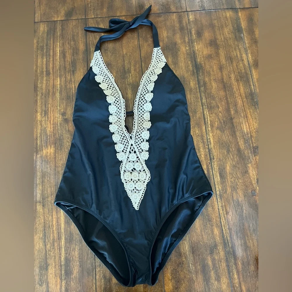 Kona Sol Black Halter Swimsuit with‎ Lace Detail