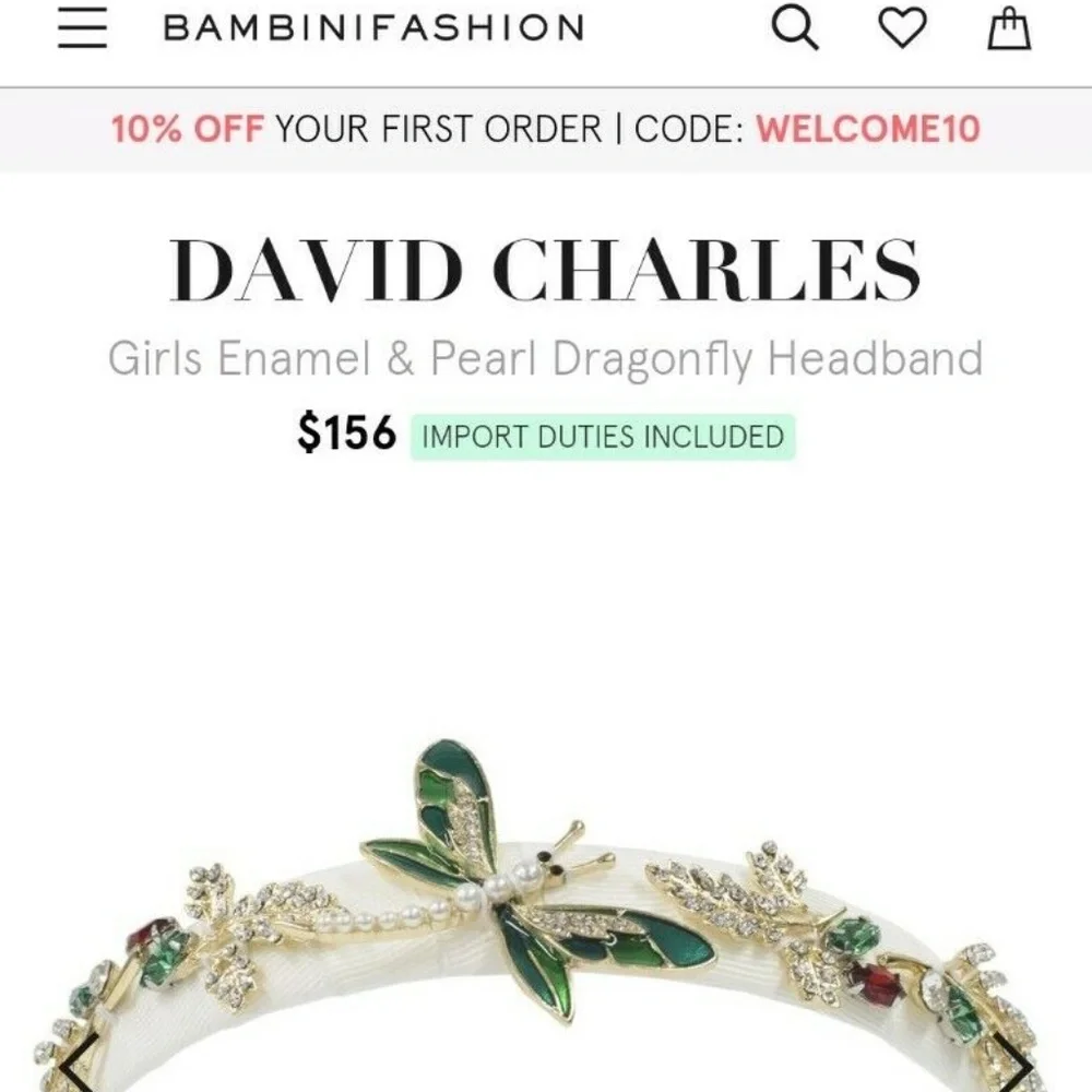David Charles Girls Enamel & Pearl Dragonfly Headband Jewled