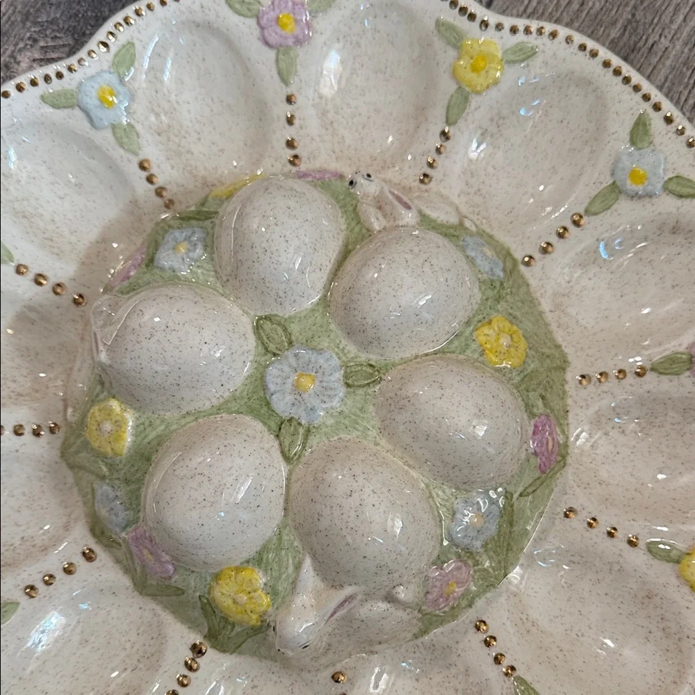 Vintage Easter Floral and Bunny Ceramic Egg Plate