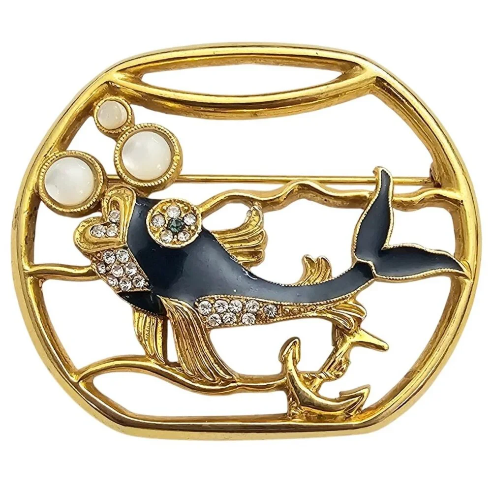 1928 Brand Fish In Bowl Brooch Mother Of Pearl Cab Blue Enamel Pin J295