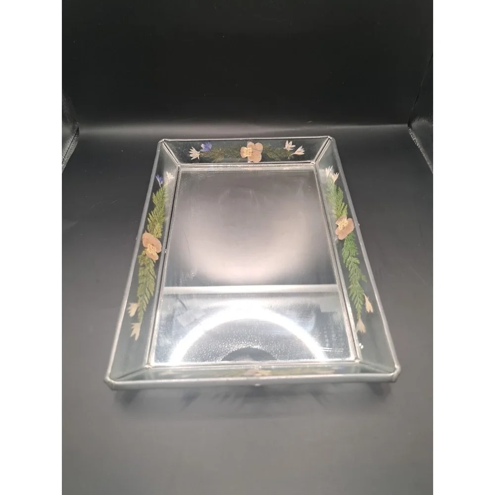Vintage International Silver Company Glass Handpainted Floral Vanity Tray GUC
