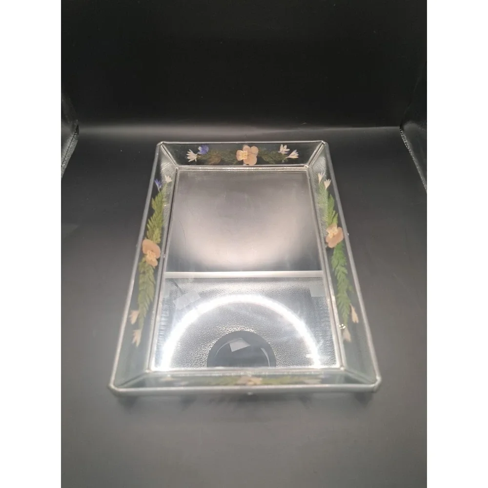 Vintage International Silver Company Glass Handpainted Floral Vanity Tray GUC