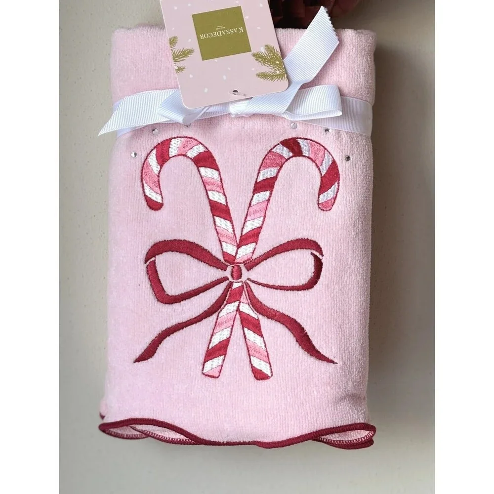 Set of 2 Kassatex Cotton Hand Towels Pink Christmas Candy Cane w Bow Rhinestone