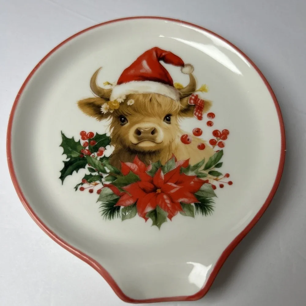 JarThenaAMCS 4.7 In Christmas Spoon Rest Highland Cow Poinsettia New