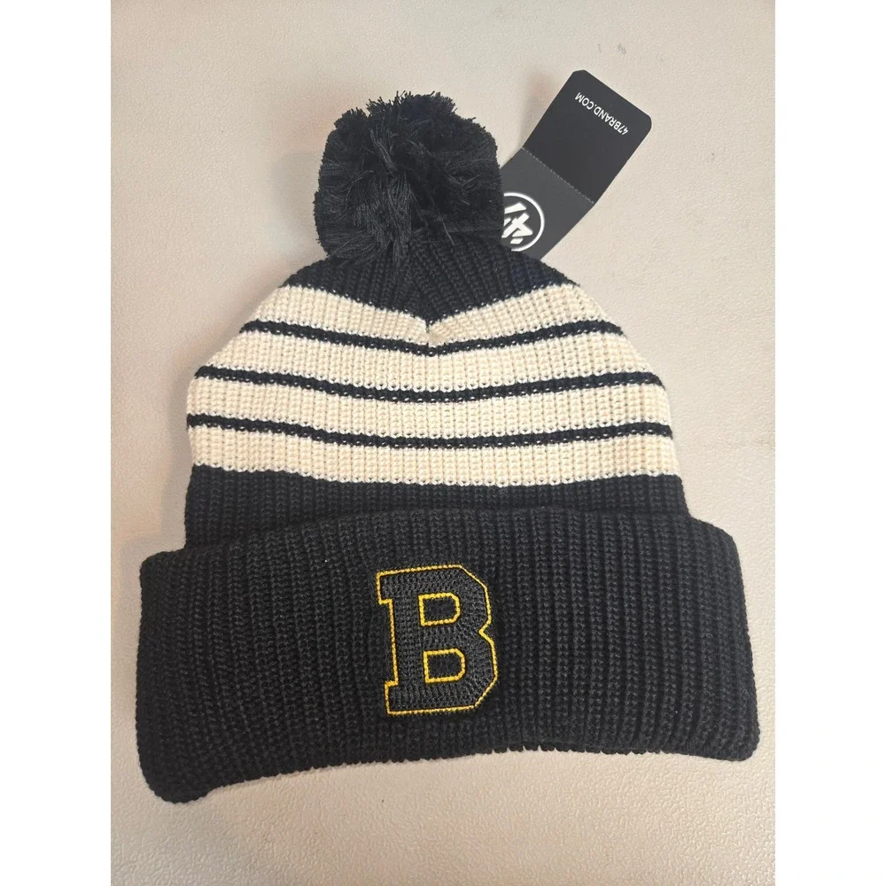 47 Brand Boston Bruins Old Time Hockey Barn Cuff Knit Beanie Pom Hat Black Cream