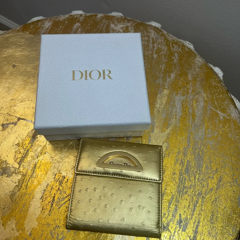 💛EUC💛 Christian Dior Compact Wallet - Gold Vintage Ostrich Embossed