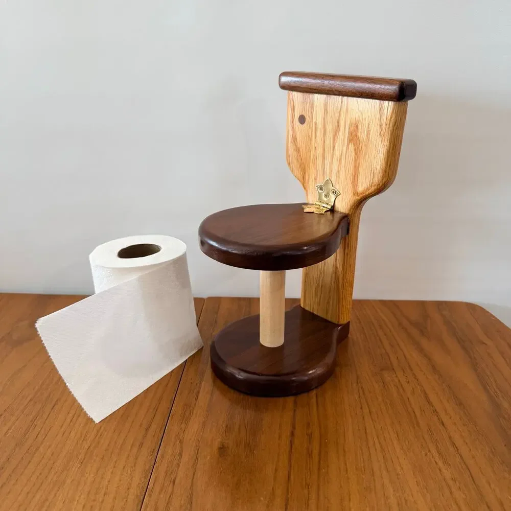 Wooden Toilet Shaped Paper Holder Hinged 2 Tone Freestanding 11 x 6