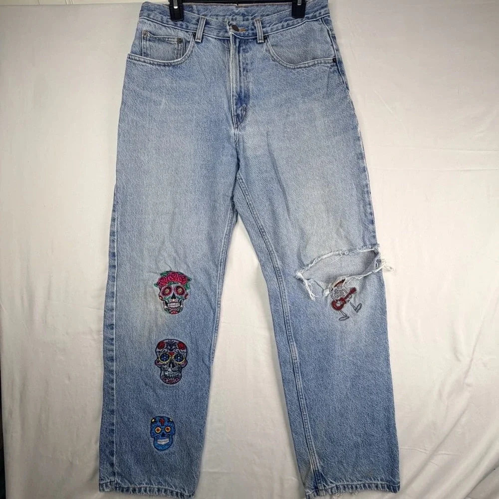 A-Star Denim Co Sugar Skull Embroidered Distressed Light Wash Jeans Mens 32x31